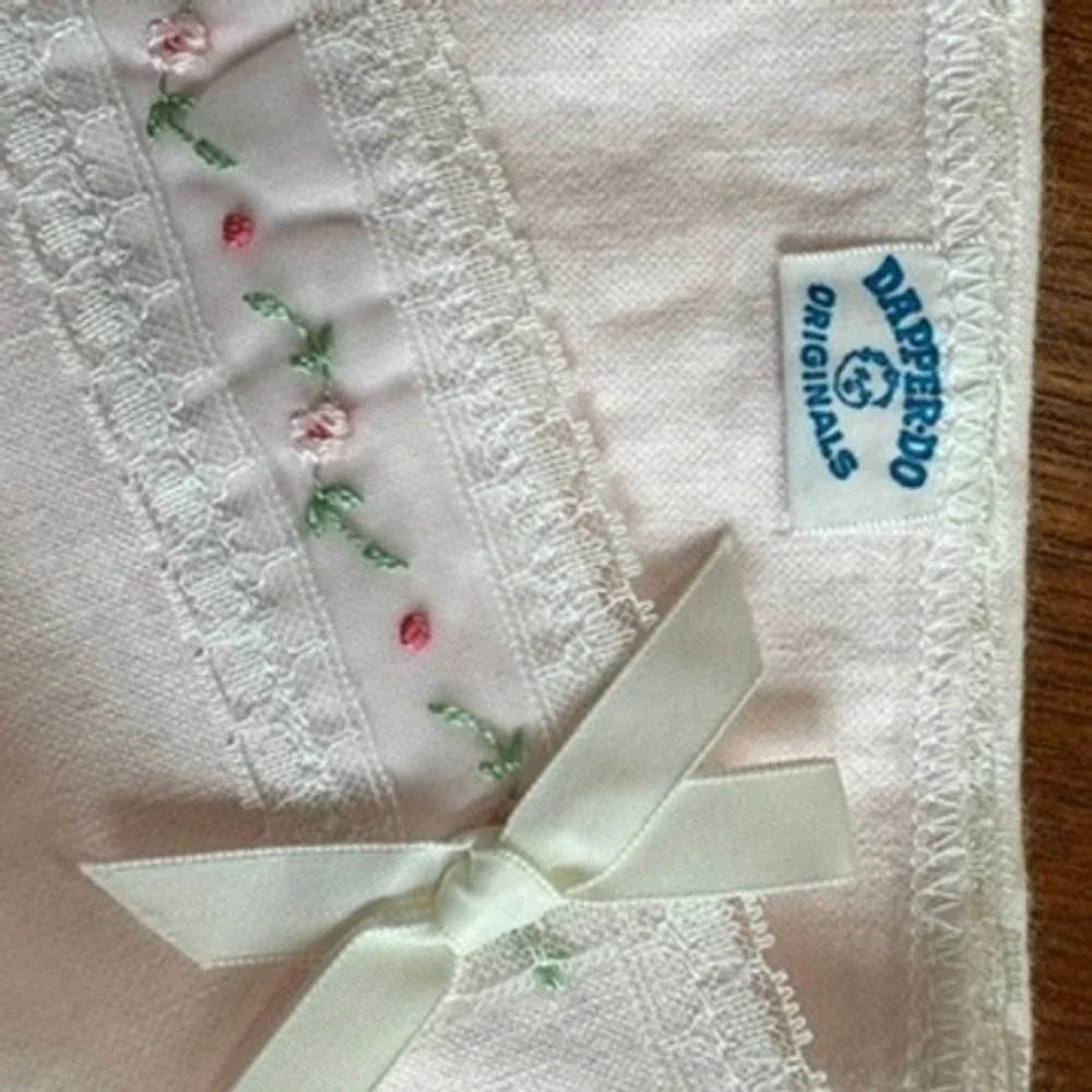 Dapper-Do Originals Vintage Pink Baby Blanket Floral Embroidery Lace Satin Bows